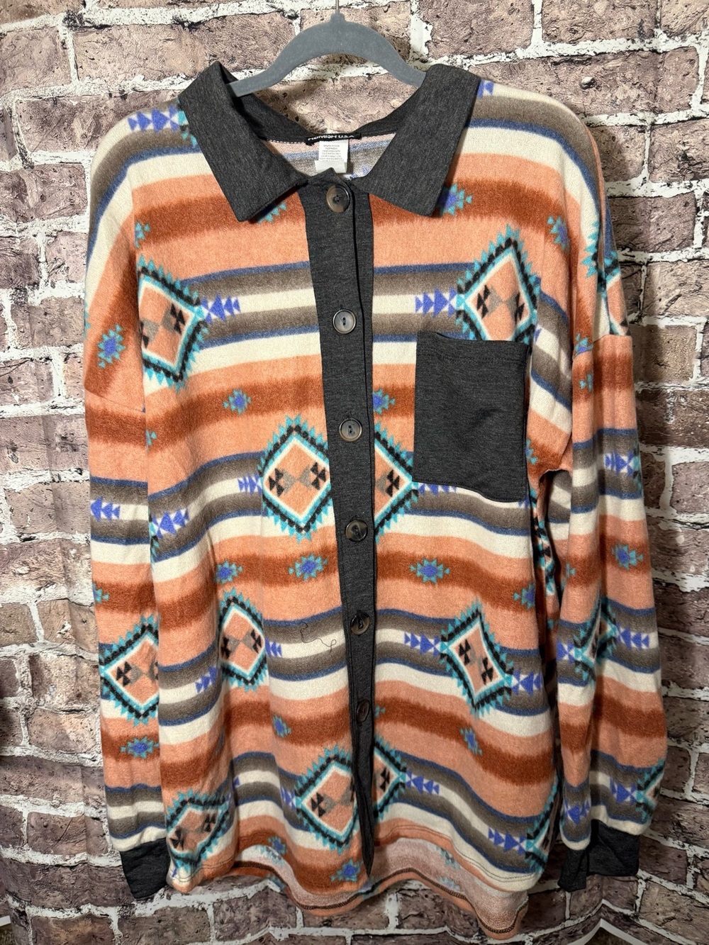HEIMISH USA Multicolor Striped Button Down Fleece Shirt Black Collar